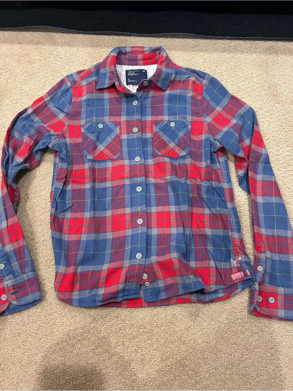 American Eagle Outfitters Red and Blue Plaid Button-Down Shirt
